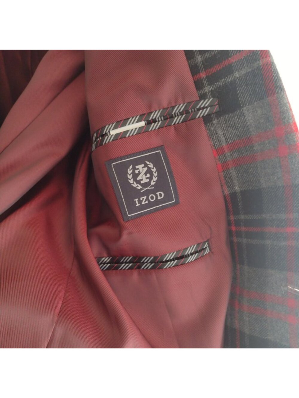 Izod Wool Blend Blazer 42L Gray Red Plaid Preppy Classic Fit Flannel Sportscoat - Picture 2 of 10